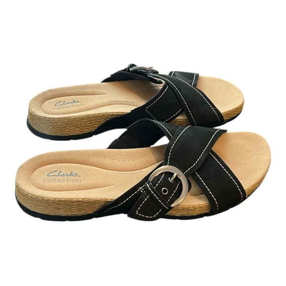 Clarks Collection Leather Criss Cross Slide Sandals ‘Reileigh May’ Black Size 12 - Picture 1 of 15